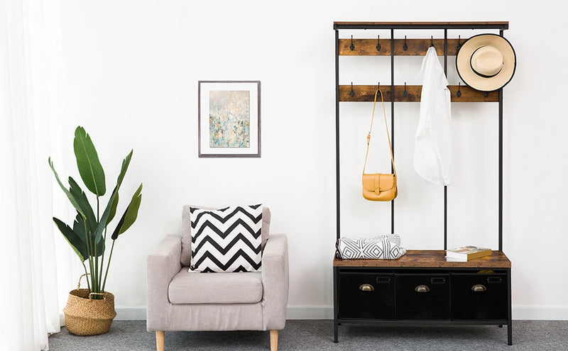 HOOBRO Coat Rack With 12 Hooks Hall Tree With Bench And Shoe Storage Entryway Bench With 3 Storage Boxes For Hallway Living Room