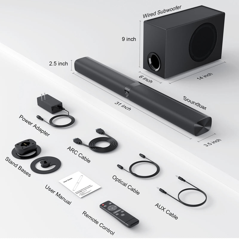 2.1 Sound Bars for TV Home Theater System TV Soundbar with Subwoofer Wireless Speaker with ARC/BT/AUX/OPT Connections
