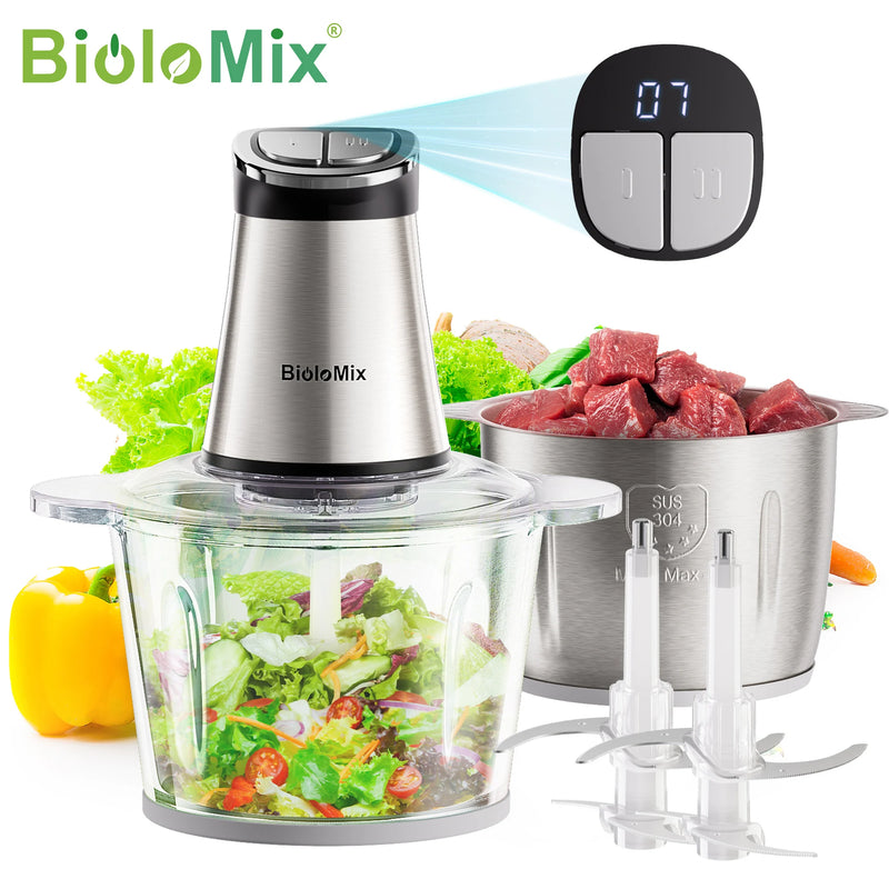 BioloMix Mini Electric Food Chopper 300W Food Processors with 2 Bowls, Meat Grinder 4 Bi-Level Blades, for Baby Food, Meat, Onio