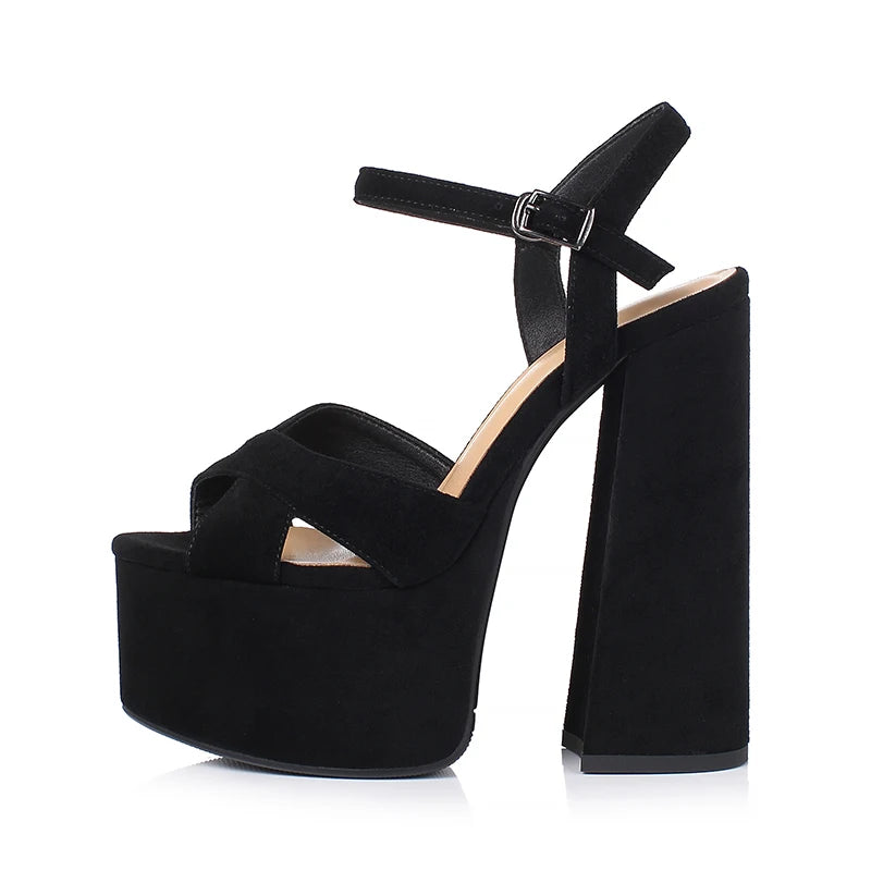 Arden Furtado Women's Summer Embossed Cowhide Platform Shoes Round Toe Super High Heel Sandals Large Size Commuter Footwear