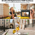 5K Digital Camera for Photography,75MP Point and Shoot Digital Cameras 64GB, Dual Lens 18X Zoom Autofocus, WiFi Vlogging Camera