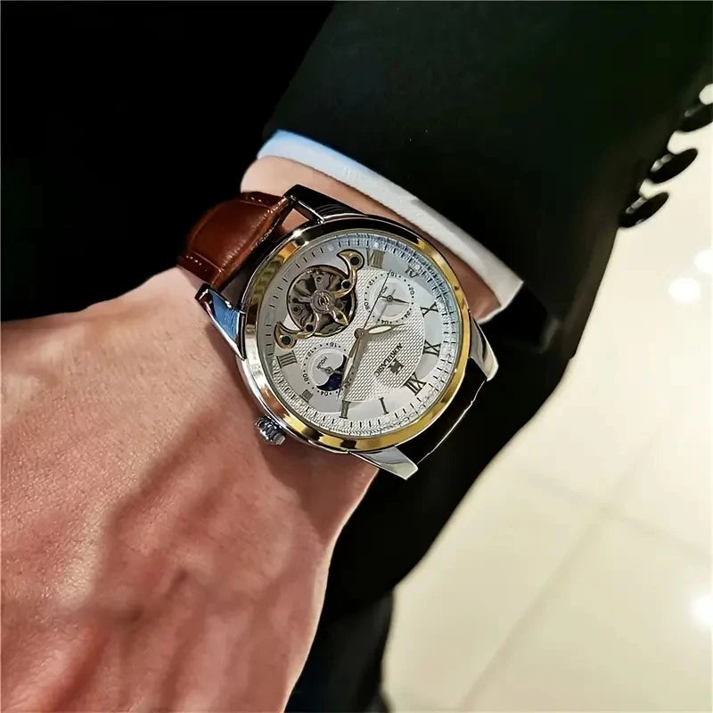[24-Hour Hollow Tourbillon Watch] Business-Style Hollow Tourbillon Mechanical Watch - Men's Skeleton Design, 24-Hour Display, Hollow Design, Round Alloy Case, Automatic Winding, No Battery Needed, the Preferred Gift Watch.