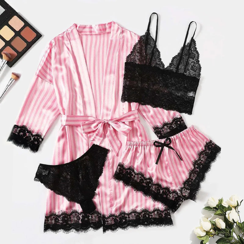 /Set Lace Satin Pajama with Robe - Cami Top & Shorts | SAMAG