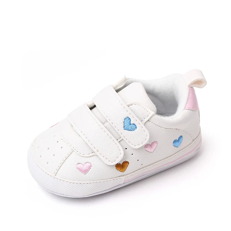 Baby White PU Sneaker Non-slip for Toddler Boys and Girls Cute Embroidery Stars and Hearts