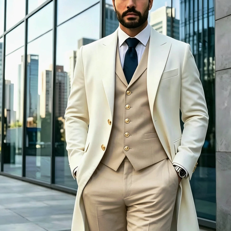 Ivory Long Blazer Men's Suits Single Breasted Wedding | SAMAG