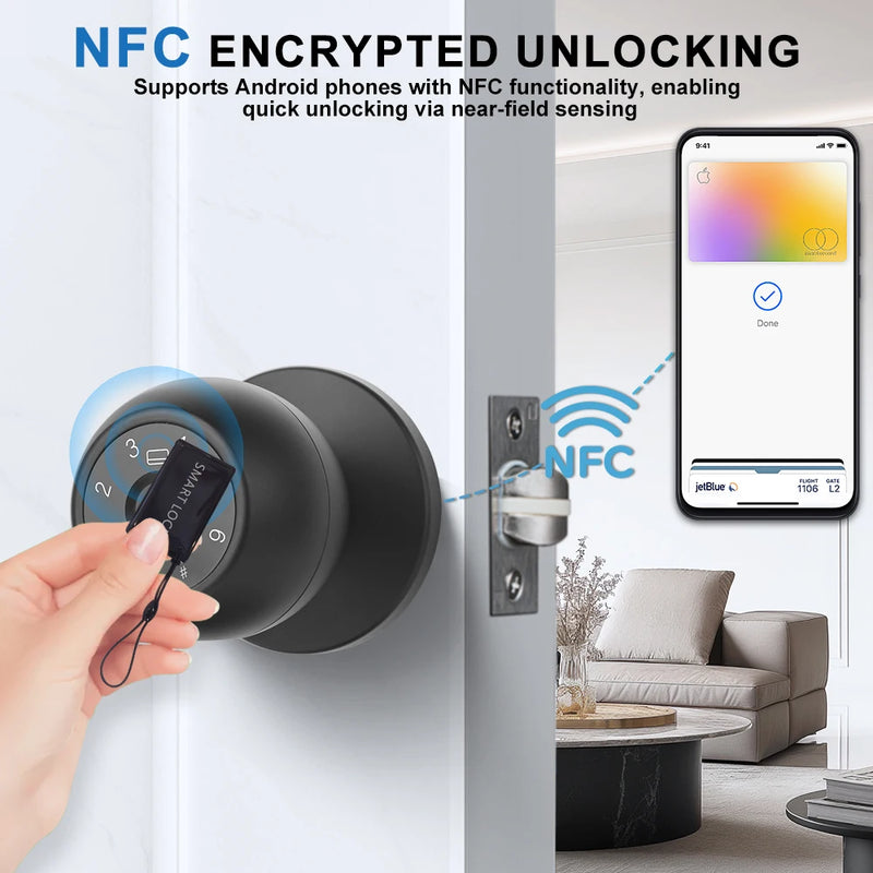 YFK Tuya Smart Door Knob 6 Ways Unlock Fingerprint Password NFC Card Physical Key Anti-peep Lock for Bedroom Office Rental House