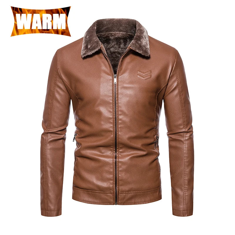 Faux Fur Faux Leather Men Jacket Thickened Plush Lining Warm PU Leather Jacket Brown Leather Jacket Winter Faux Fur Collar Coat