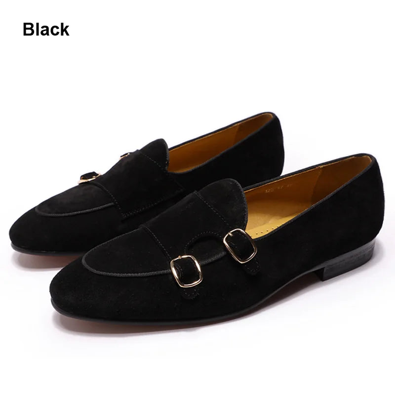 Fashion Design Suede Leather Mens Loafers Black Brown Green Casual Dress Shoes for Wedding Party Monk Strap Men Shoes Size 38-47