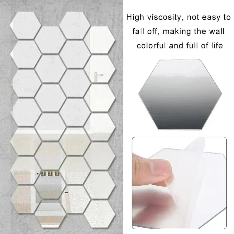 Hexagon Acrylic Mirror Wall Sticker Acrylic Adhesive Gold Silver Mosaic Tiles Removable DIY Bedroom Bathroom Home Decor Sticker