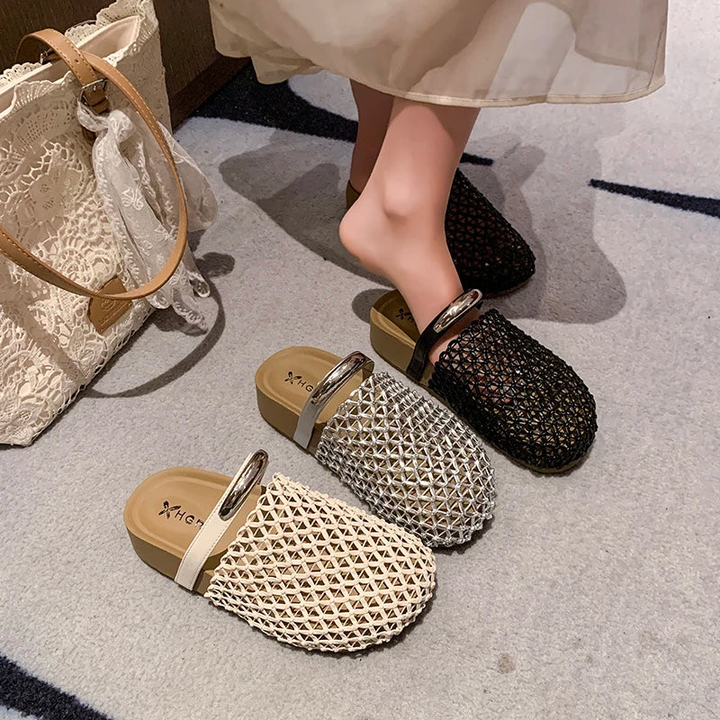 Women Hollow Out Mesh Woven Mules Slides Round Toe Metal Buckle Flat Backless Slip On Casual Summer Sandals Slippers Shoes Woman