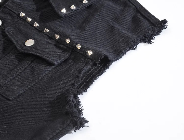 Vests Men Denim Jacket Rivet Spliced Coat Turn Down Collar Slim Fit Vest Sleeveless Coats Streetwear Pocket Button High Street