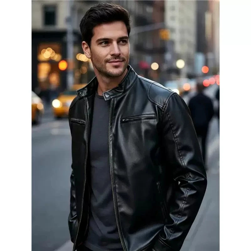 Men's PU leather jacket stand-up collar slim-fit vintage-style biker jacket spring/fall top