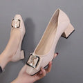 2026 New Women's Square Toe Chunky High Heels - Rhinestone Metal Buckle Commuter Pumps, Elegant Mid Heel Office Pumps