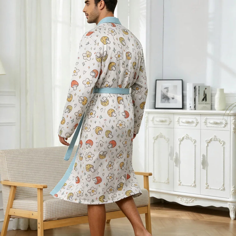 Men's lightweight quick-drying pajama bathrobe - 3D digital printing, non-fading design, stand-up collar and adjustable waistban