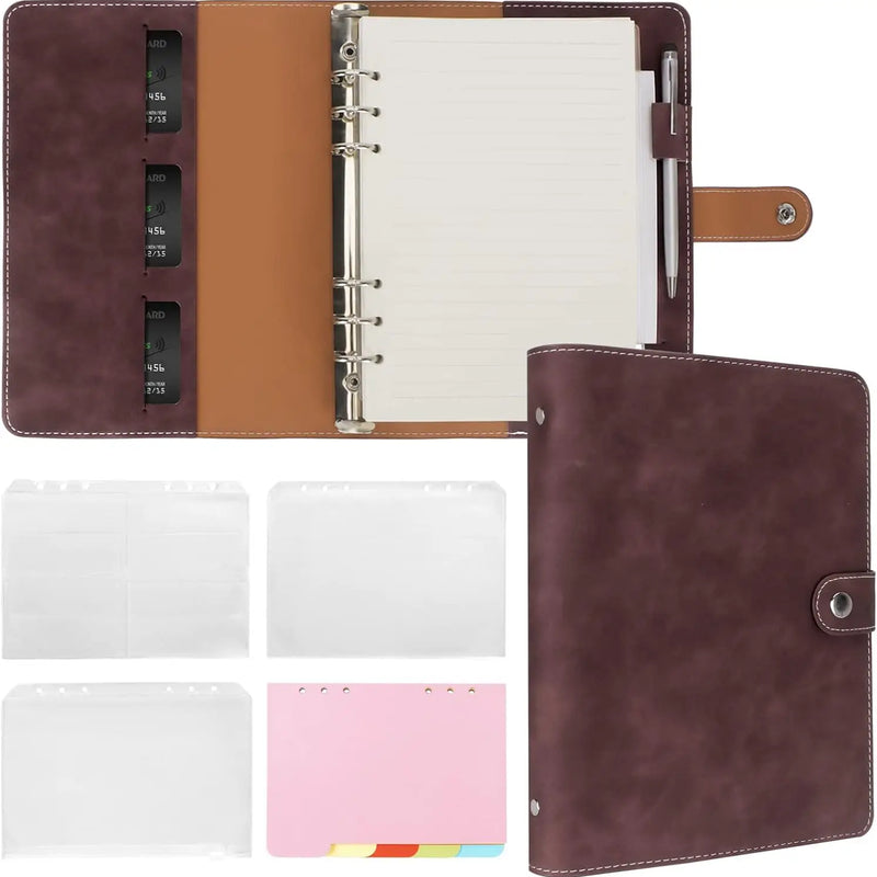 New Leather A5 Binder 6 Ring Binder Notebook - PU Leather Refillable Notebook with Binder Pockets, Dividers, Refill Paper