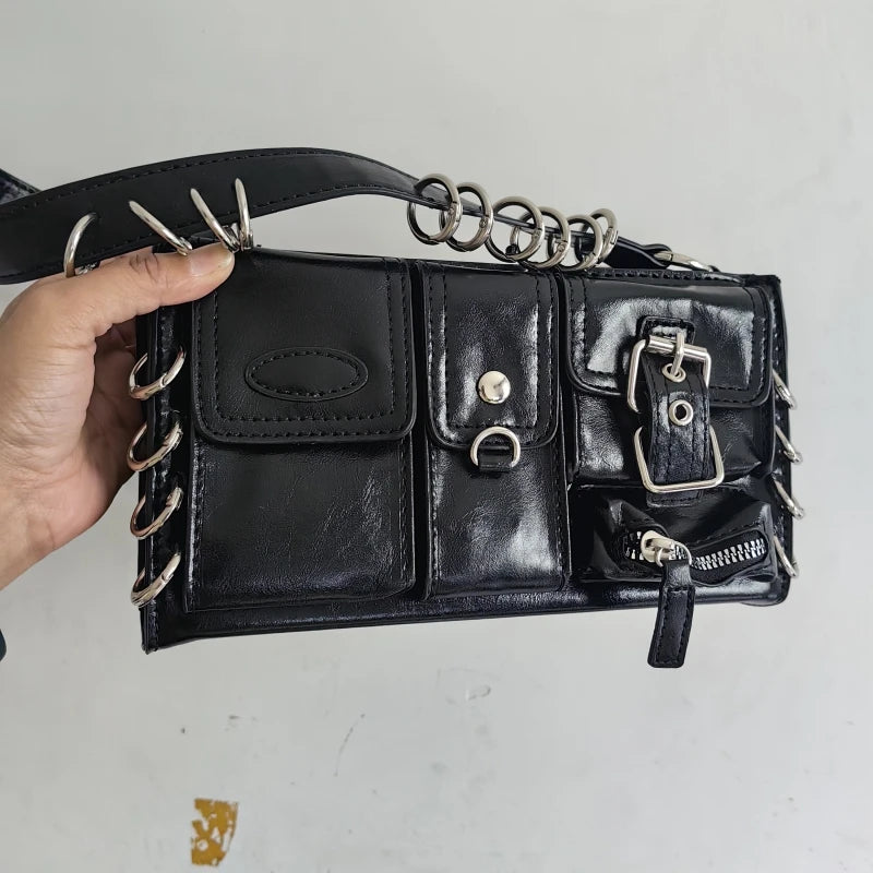Meet You Y2K Vintage Gothic Black Shoulder Bag for Women Punk Cool Girls Multi-pocket Pu Leather Underarm Bag Trend Tote Bag