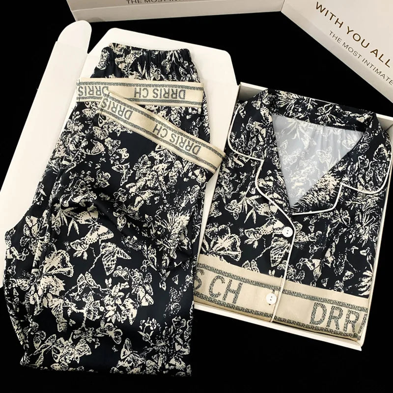 Spring and Autumn New Ladies Ice Silk Pajamas Homewear Suit Women Fashion Long-Sleeved Trousers Senior Sense of Homewear Suit