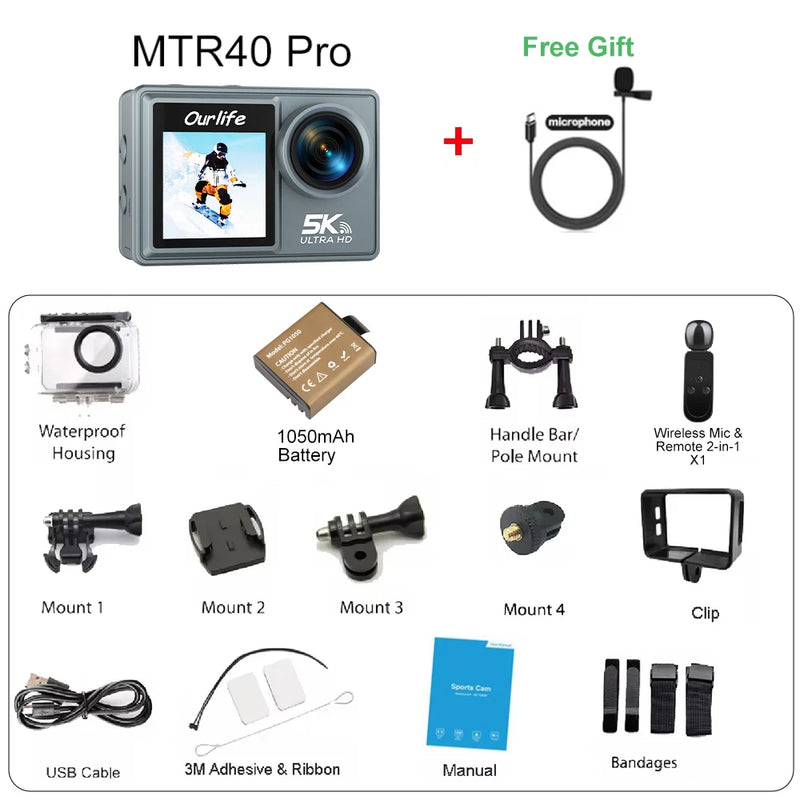 Ourlife MTR40 5K Action Camera 2" IPS Touch Screen 5X Zoom Action Cam 170° 30M Waterproof WiFi Sports Camera With Remote Control