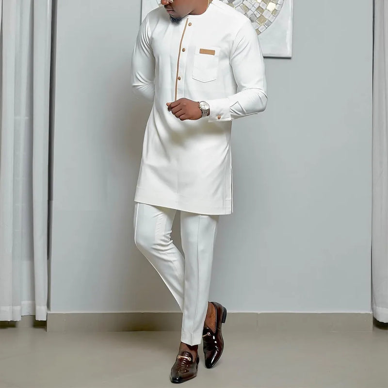 African Traditional Dress Men's Suit Long Sleeve Ethnic Style Printed Patchwork Shirt Casual Pants 2 Piece - View 7 | SAMAG