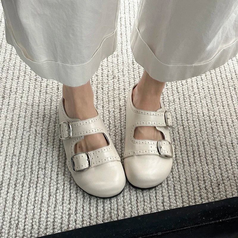 Summer Women Double Buckle Strap Perforated Round Toe Mules Clogs Slip On Non Slip Casual Daily Slippers Slides Shoes for Ladies