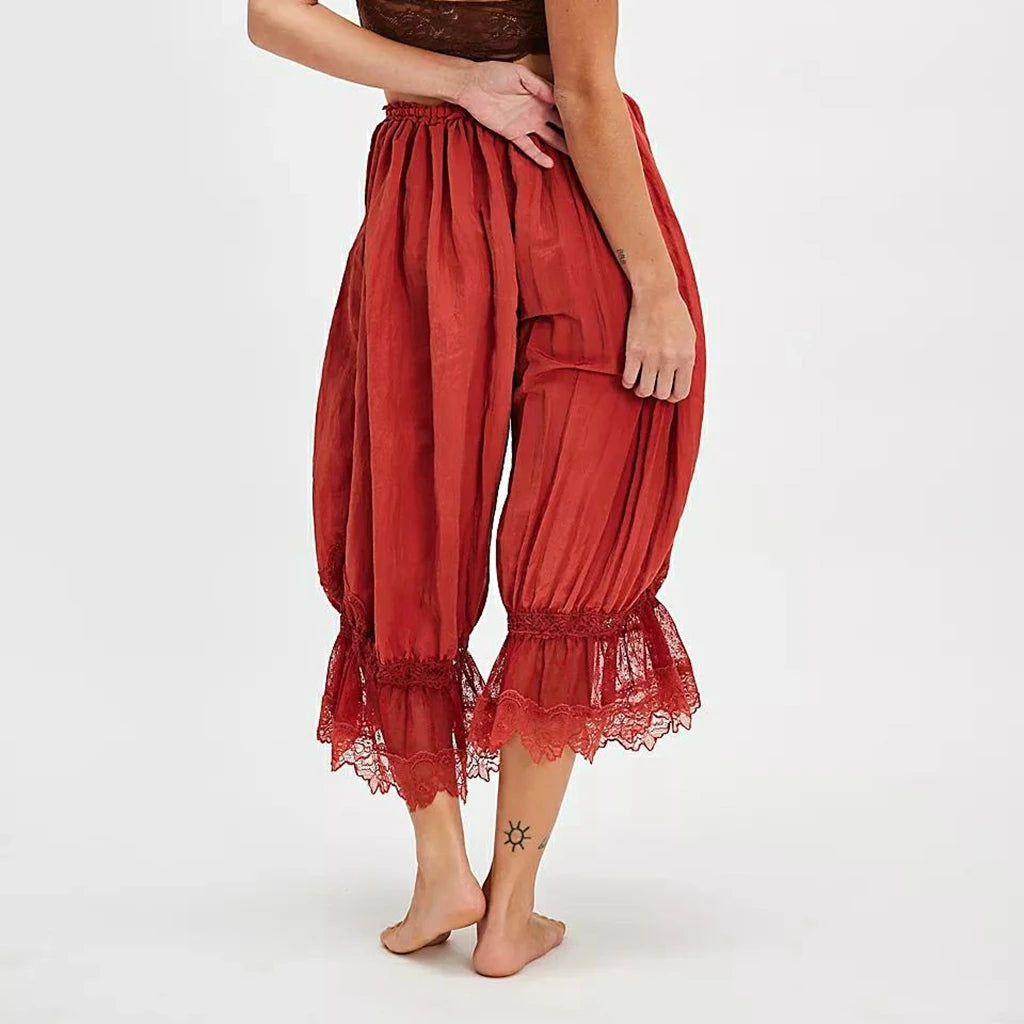 Women's Y2K Loose Fit Bloomers Cropped Pants Drawstring High Waist Floral Lace Patchwork Calf-Length Lantern Trousers