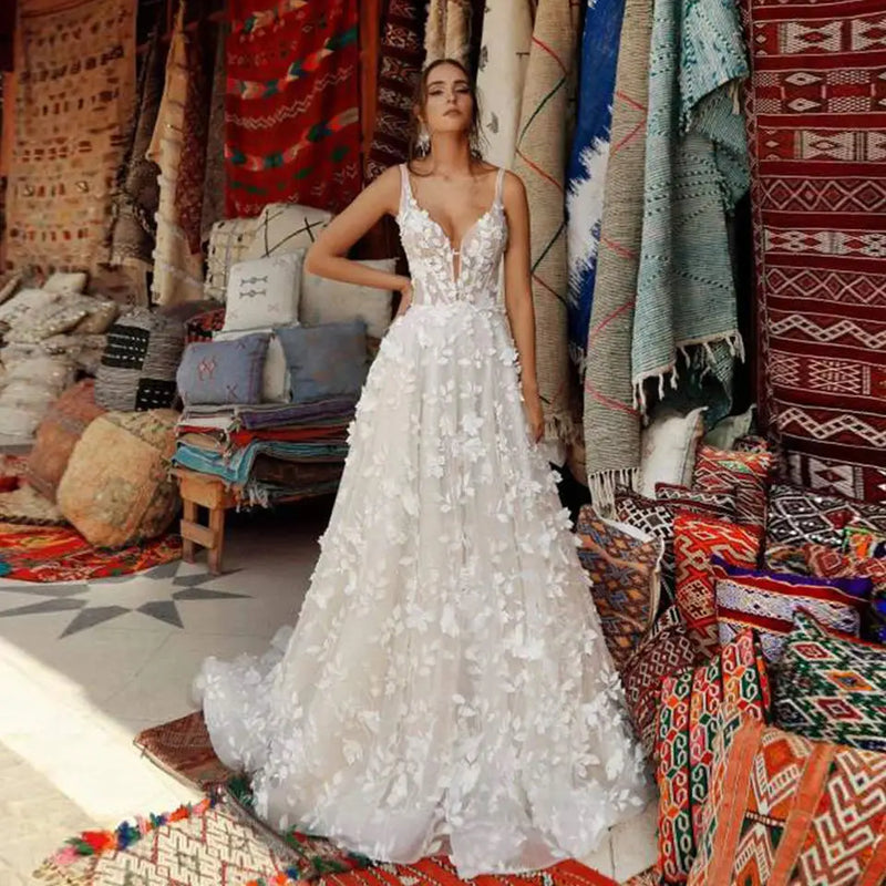 Customized A - LINE Simple Wedding Dresses Leaf Appliques - View 5 | SAMAG