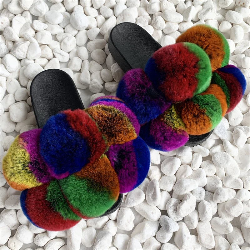 Fur Slides Factory Supply Mixed Color Pom Pom Six Balls Fox Fur Multi-Color Fluffy Fur Slippers For Women