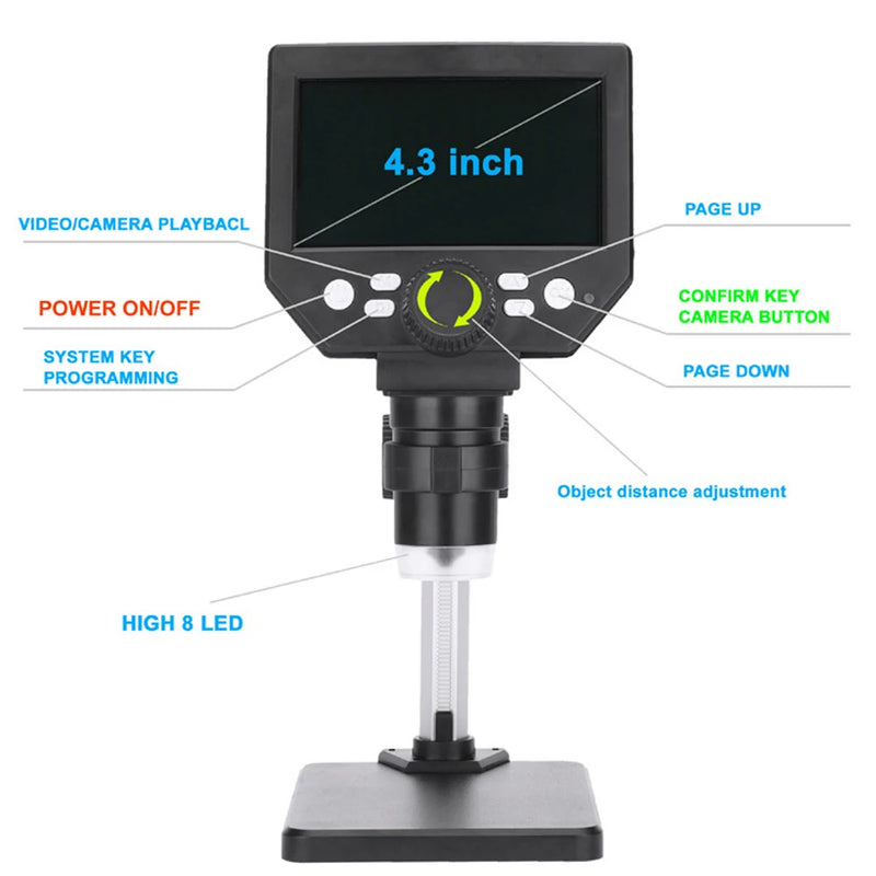 Digital Microscope 4.3'' LCD 1000X 1080P Camera with Adjustable Stand and LED Light For PCB Repair & Electronics