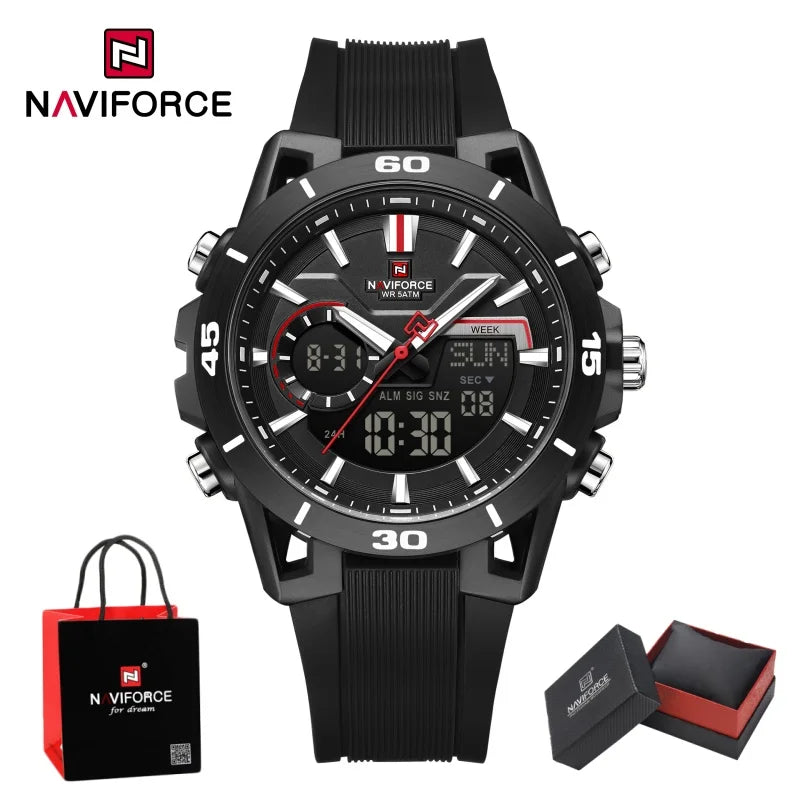 NAVIFORCE Men's Fashion Dual Display Watch 5ATM Waterproof Luminous Soft TPU Strap Male Sports Outdoor Daily Wristwatch Gift Box