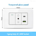 White Tempered Glass Italy USB Type C Smart Fast Charging Wall Socket Plugs Schuko Light Switch Panel Chile TV Sat Computer CAT6