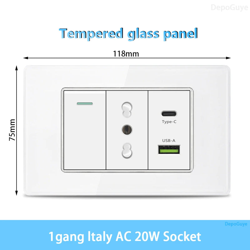 White Tempered Glass Italy USB Type C Smart Fast Charging Wall Socket Plugs Schuko Light Switch Panel Chile TV Sat Computer CAT6