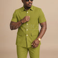 Navy Blue Striped Men Suits Chic Stand Collar Short Sleeves Wear Single Breasted Office Business Casual Male Suit 2 Piece