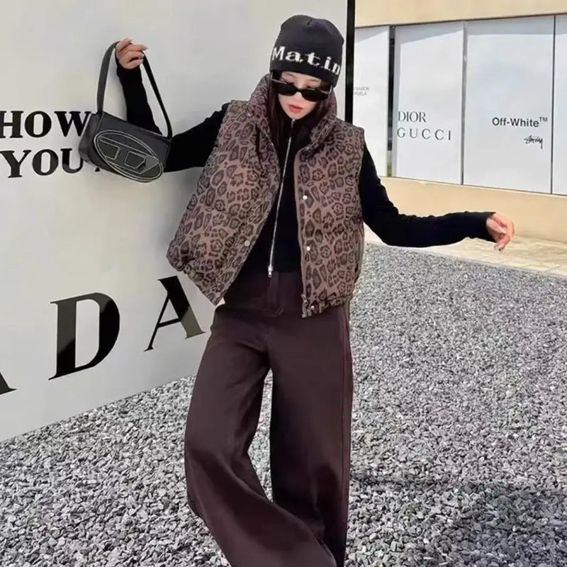 Leopard Women's Autumn Winter Sleeveless Parkas Jacket 2025 Woman Mandarin Collar Cotton Padded Vest Korean Style Waistcoat