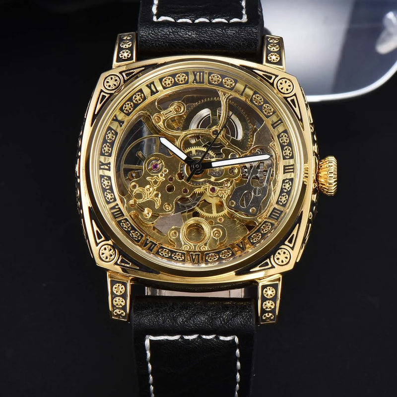 Men Automatic Watch Retro Style Mechanical Watches Skeleton Carve Waterproof Leather No Logo Mens Watch Boyfriend's Gift