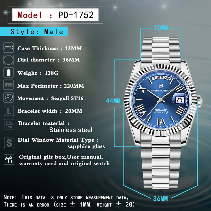 2026 New DD36 Men's Watches PAGANI DESIGN Luxury Automatic Mechanical Watch Men AR Sapphire Glass Business Blue Wristwatch Men ST16 Movt Clock Local Delivery