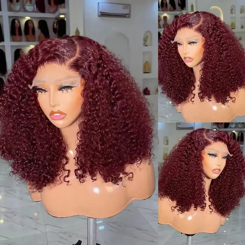 Short Bob Cut Red Burgundy 99J Color Kinky Curly 13X4X1 HD Full Lace Frontal Wigs Prepluck With Baby Hair Free Gift Bleach Knots