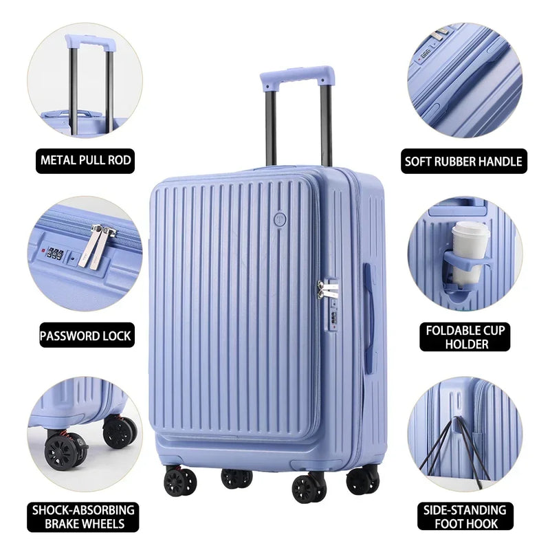 Multifunctional Front Opening Expandable Suitcase with Cup Holder Large Capacity Luggage 360° Shock Absorbing Wheels 20' 24' 28'