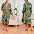 Men's Ice Silk Sleepwear Two-piece Set Kimono Bathrobe Gown Long Robe Pajamas Set Print Tiger Loose Casual Homewear Lounge Wear