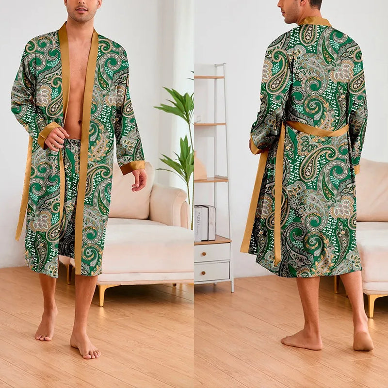 Men's Ice Silk Sleepwear Two-piece Set Kimono Bathrobe Gown Long Robe Pajamas Set Print Tiger Loose Casual Homewear Lounge Wear