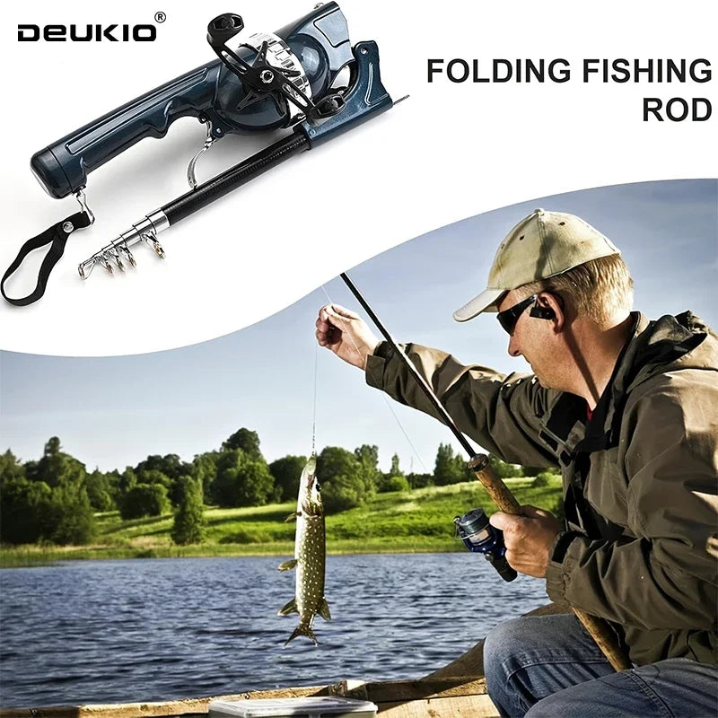 DEUKIO Portable Carp Foldable Fishing Rod Combo Folding Fishing Lure Rod Telescopic Fighing Pole Reel Combo with Fishing Line