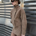 Women Faux Suede Two Piece Set Stand Collar Covered Button Long Sleeve Cropped Jacket High Waist Mini Skirt Vintage Casual Suits