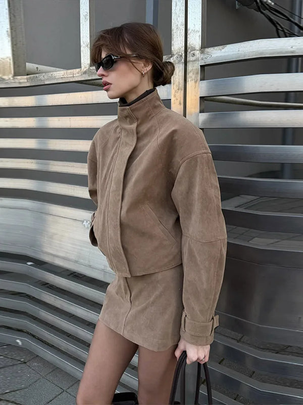 Women Faux Suede Two Piece Set Stand Collar Covered Button Long Sleeve Cropped Jacket High Waist Mini Skirt Vintage Casual Suits