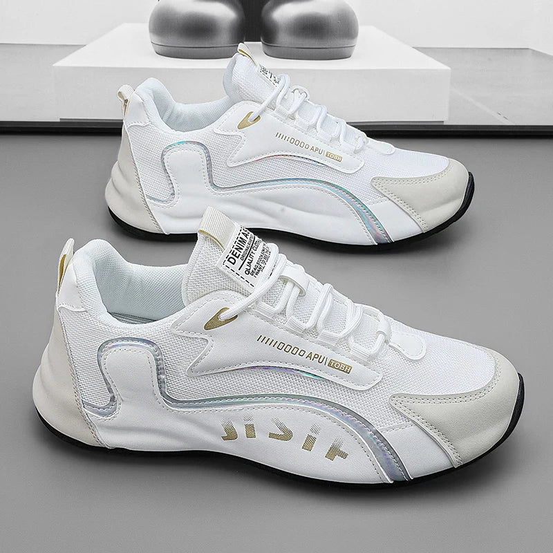 Trendy Black and Gold Color-Blocking Mesh Casual Shoes, Men's Breathable Shock-Absorbing Thick-Soled Sneakers, Versatile Soft-Soled Non-Slip Men's Shoes for Daily Commuting
