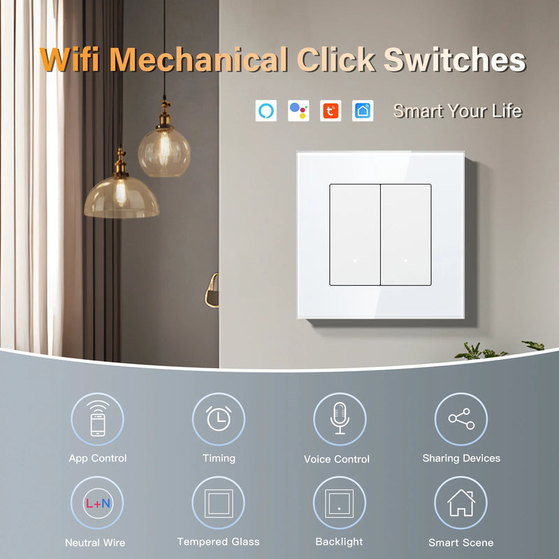 BSEED WIFI Light Switch 1/2/3/4Gang 2Way Smart Click Button Switch Glass Panel White LED Indicator Tuya Smart Life Alexa Control