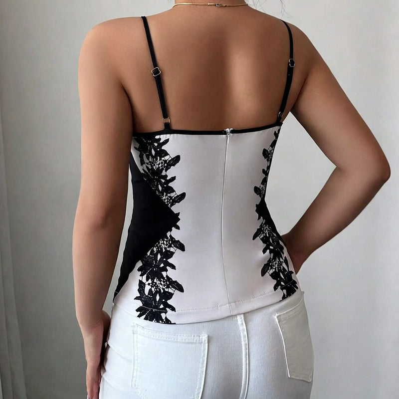 Women's Black White Lace Embroidery Cami Top V-Neck Spaghetti Strap Slim Fit Corset Style Camisole for Party, Daily & Club Wear