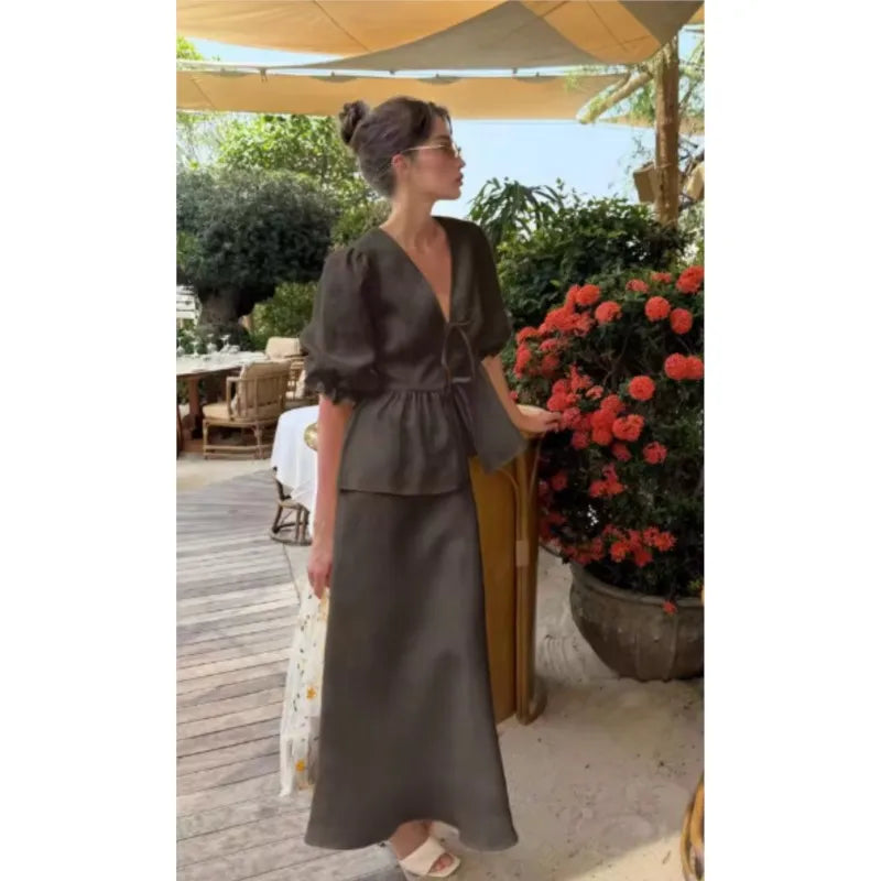 Women's Cotto V-Neck Lace-Up Bubble Sleeve Shirt Long Skirt 2 Piece-Set Summer Casual Elegant Solid Color Loose Sets