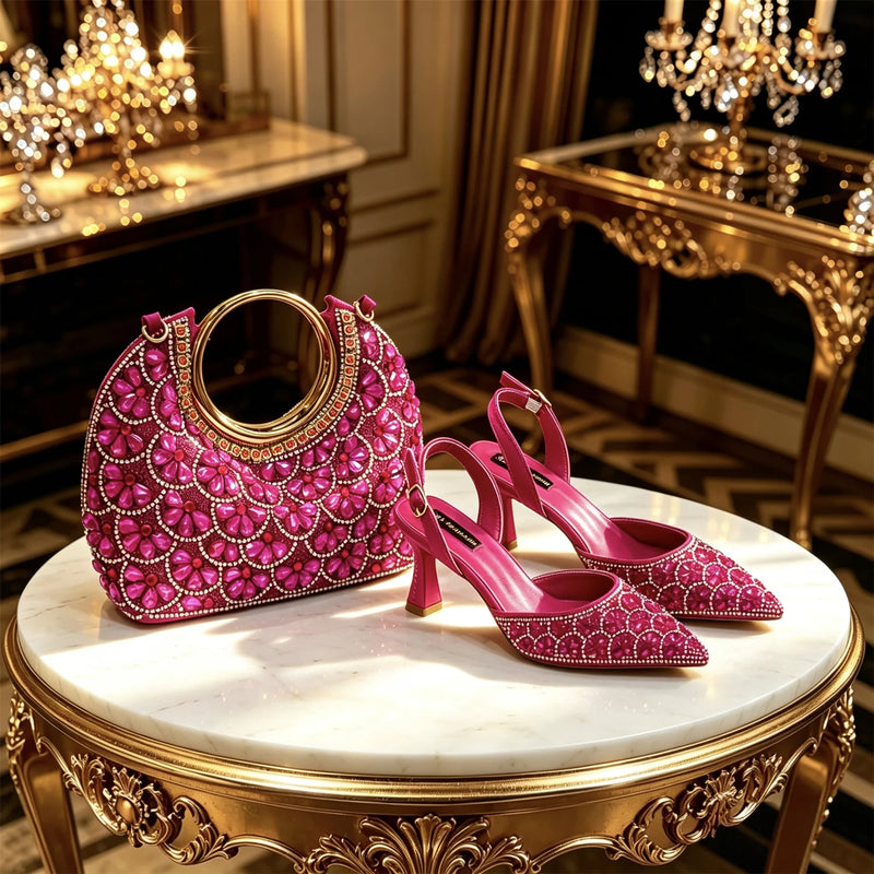 New Italian Pumps and Bag To Party 2026 INS Style Pointed Metalldekoration Rhinestone Elegant Gold Color High Heels for Women