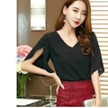 Women Chiffon Short Sleeve Shirt Sexy V-neck Loose Ruffled Chiffon Blouse.