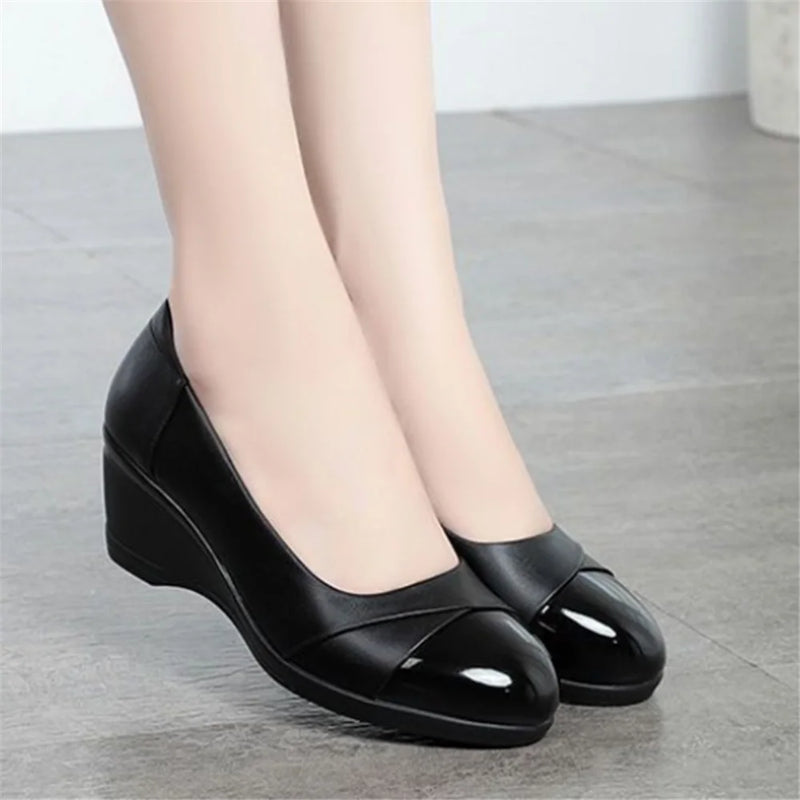 cresfimix women fashion sweet light weight black spring comfort slip on wedge heel shoes lady cool black leather heel shoe ab619