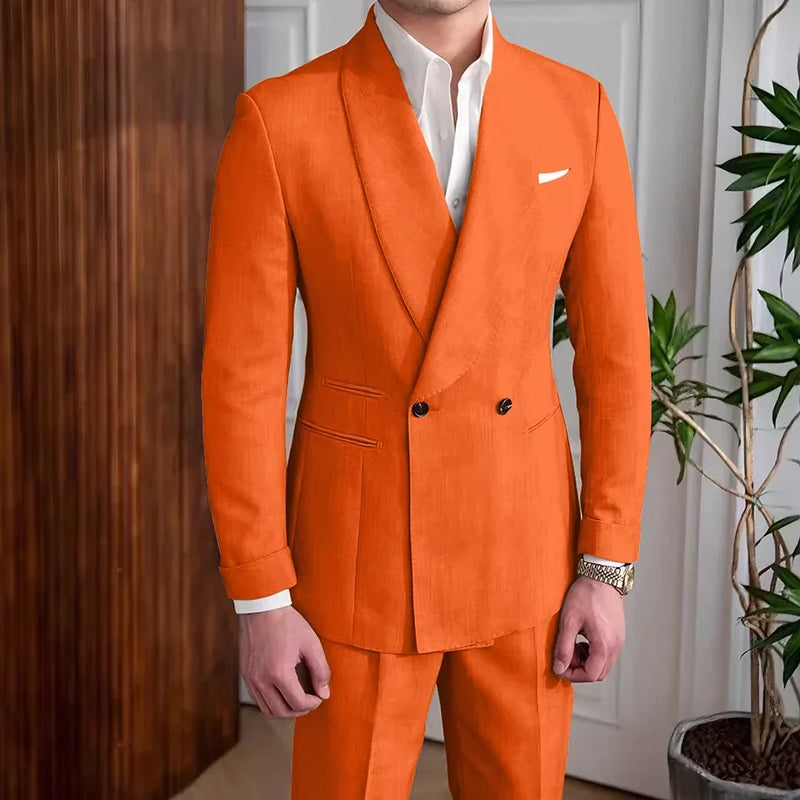 Men's Linen Suit 2-Piece Khaki Shawl Collar Double-Breasted Slim Fit Breathable Jacket and Pants Formal Set for Summer Business